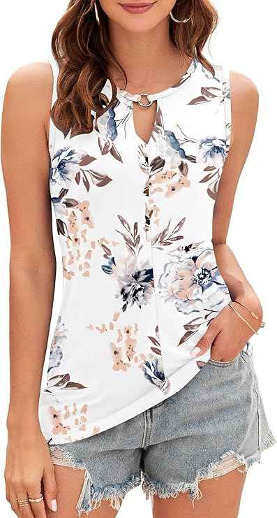 WNEEDU Womens Sexy Sleeveless Tank Tops Summer Elegant V Neck Vest Top Ladies Loost Fit Trendy Shirts Blouse