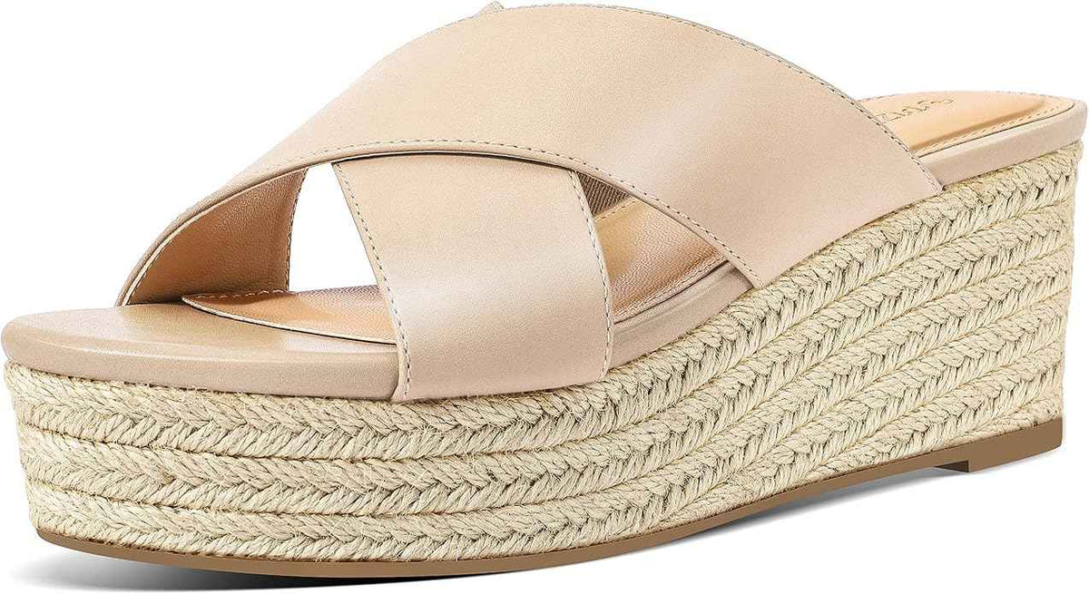 PIZZ ANNU Womens Platform Sandals Wedge Espadrille Slip on Crossover Slides Ladies Open Toe Summer Chunky Shoes