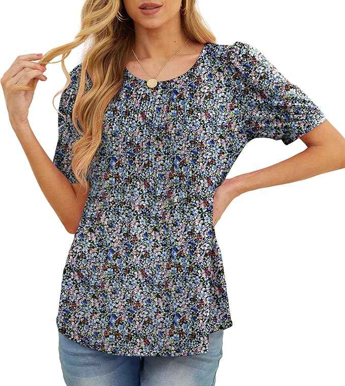 Womens Summer Tops Casual Dressy Soft Short Sleeve Tunic Front Pleated Spring Crew Neck Tees T-Shirts Loose Blouse for Ladies