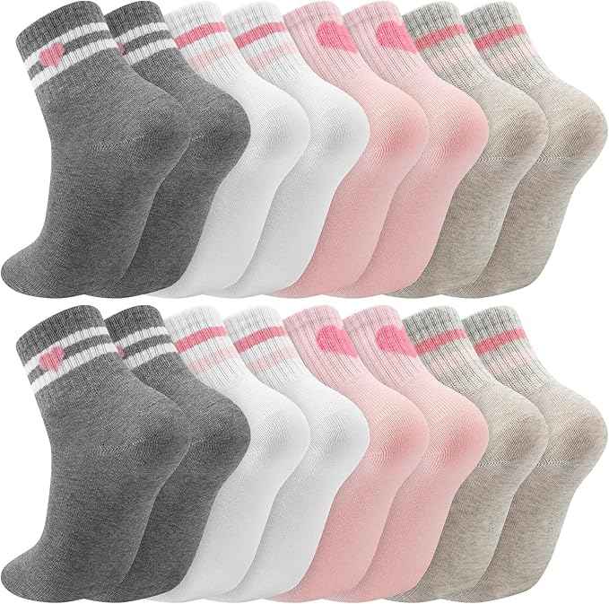 8 Pairs Striped Flowers Heart Cotton Girls Crew Socks | 80% Cotton, Soft Stretch Rib Cuff, for 3-14 Years Old, School Casual Daily Wear