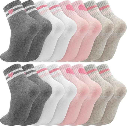 8 Pairs Striped Flowers Heart Cotton Girls Crew Socks | 80% Cotton, Soft Stretch Rib Cuff, for 3-14 Years Old, School Casual Daily Wear