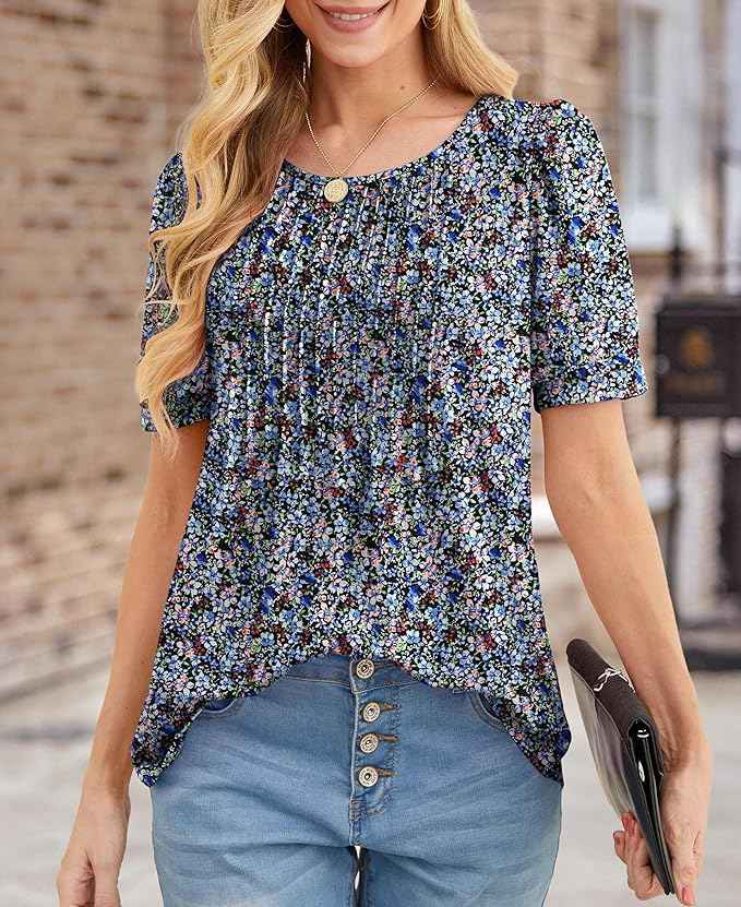 Womens Summer Tops Casual Dressy Soft Short Sleeve Tunic Front Pleated Spring Crew Neck Tees T-Shirts Loose Blouse for Ladies