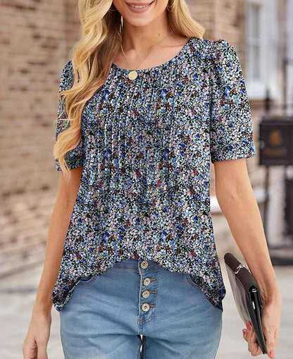 Womens Summer Tops Casual Dressy Soft Short Sleeve Tunic Front Pleated Spring Crew Neck Tees T-Shirts Loose Blouse for Ladies