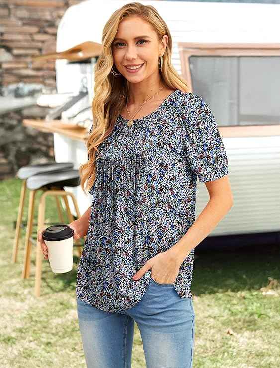 Womens Summer Tops Casual Dressy Soft Short Sleeve Tunic Front Pleated Spring Crew Neck Tees T-Shirts Loose Blouse for Ladies