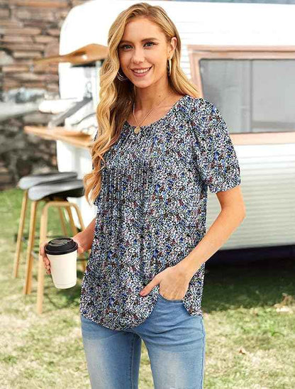 Womens Summer Tops Casual Dressy Soft Short Sleeve Tunic Front Pleated Spring Crew Neck Tees T-Shirts Loose Blouse for Ladies