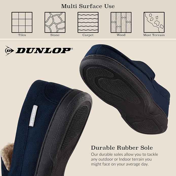 DUNLOP Moccasin Slippers Men with Memory Foam &amp; Faux Sheepskin Lining - Comfortable Indoor Outdoor Loafers with Non-Slip Rubber Sole for House Wear Size 12