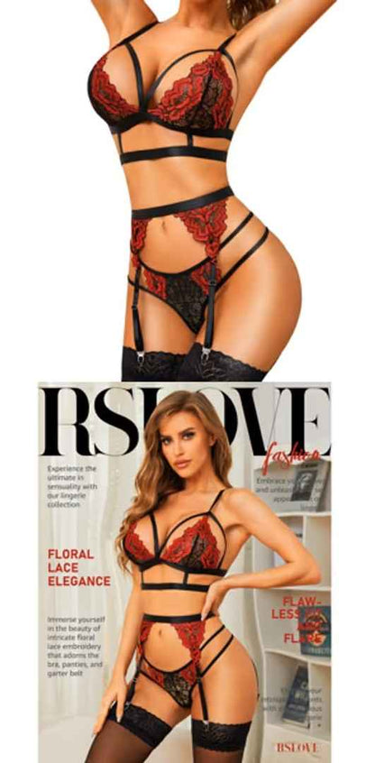RSLOVE Women Lace Garter Lingerie Set | Heart Cutout Lace Design, Adjustable Fit, Soft Stretch Fabric, 3 Piece Romantic Lingerie Set