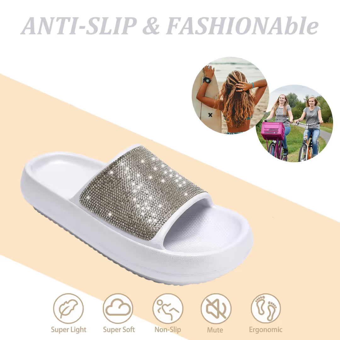 Women Rhinestone Sliders,Non-Slip Open Toe